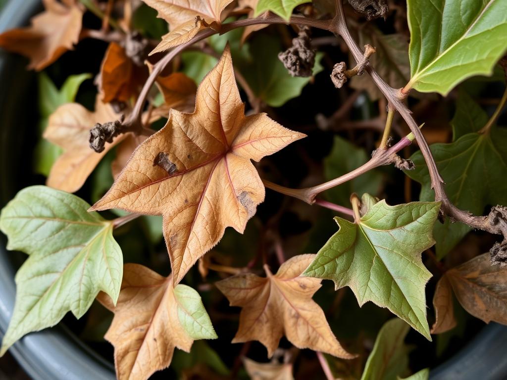 Usychający bluszcz z widocznymi brązowymi, suchymi liśćmi jako przykład jak uratować usychający bluszcz