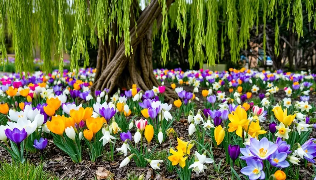 Wiosenne kwiaty cebulowe kwitnące pod wierzbą hakuro