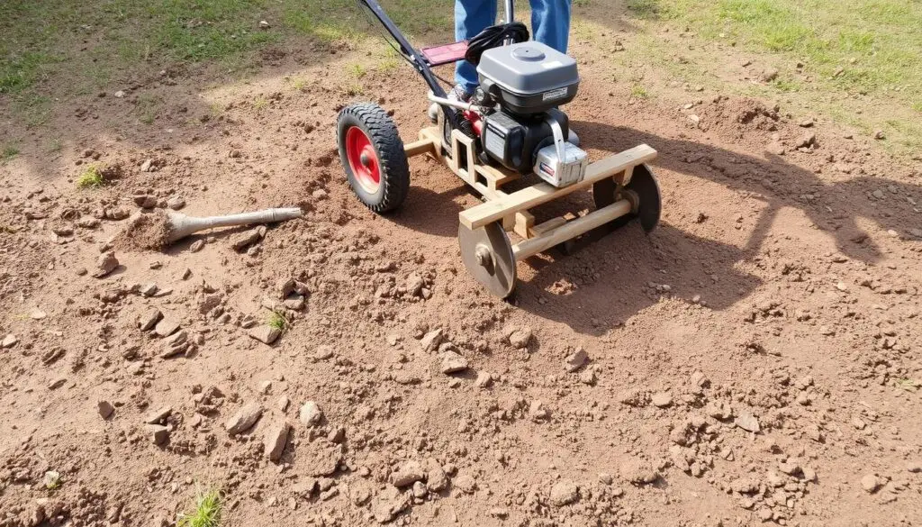 Wyrównywanie terenu po usunięciu starego trawnika glebogryzarką