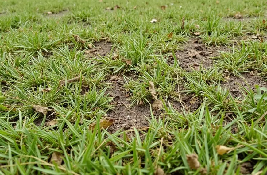 Zniszczony stary trawnik z chwastami przed usunięciem glebogryzarką