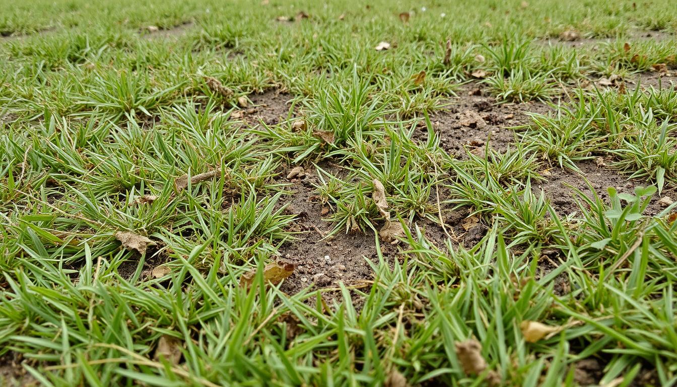 Zniszczony stary trawnik z chwastami przed usunięciem glebogryzarką