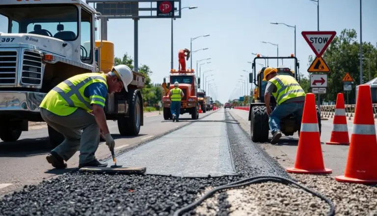 Remont drogi z pracownikami wykonującymi prace naprawcze na nawierzchni