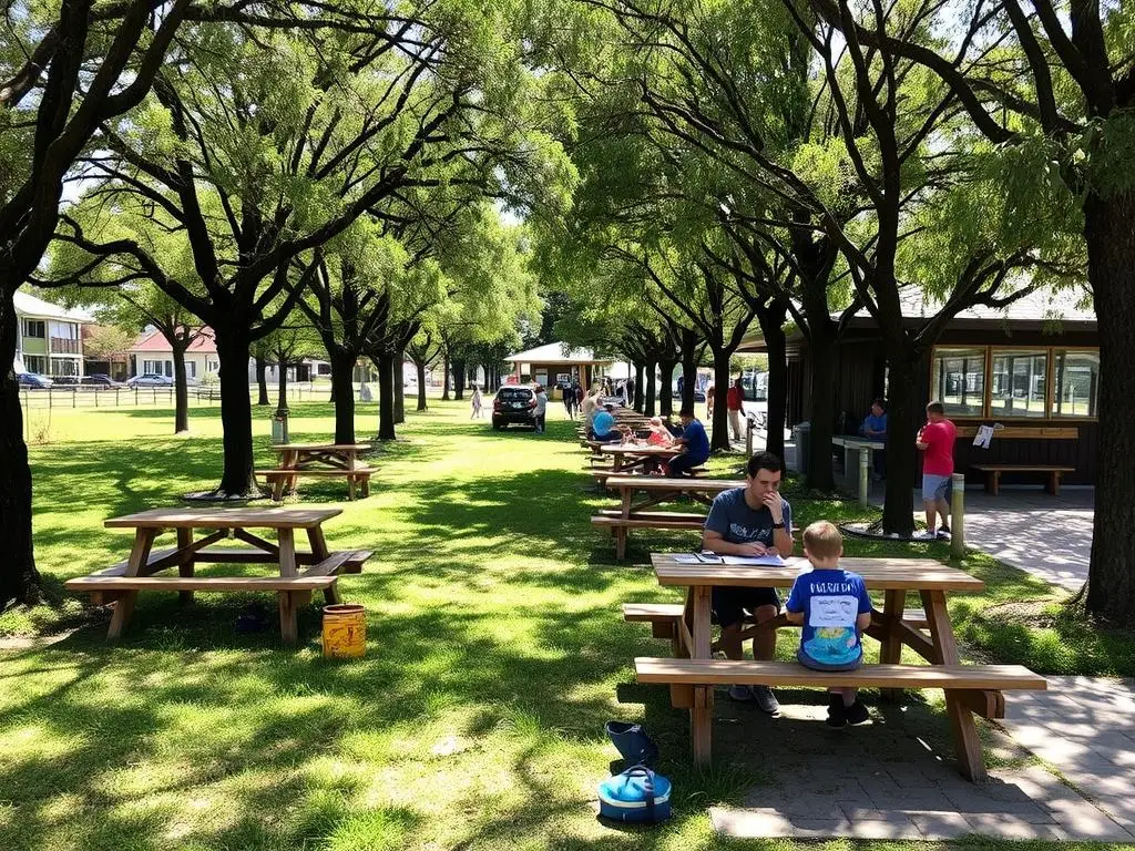 Strefa wypoczynku na MOP Głowno z ławkami i stołami