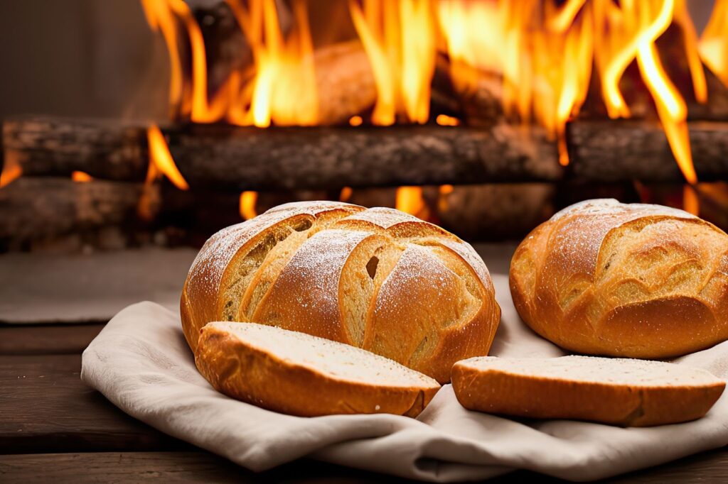 świeże bochenki chleba upieczone w piecu opalanym drewnem